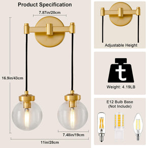 2-Light Brass Wall Sconces,Gold Globe Wall Sconce Light