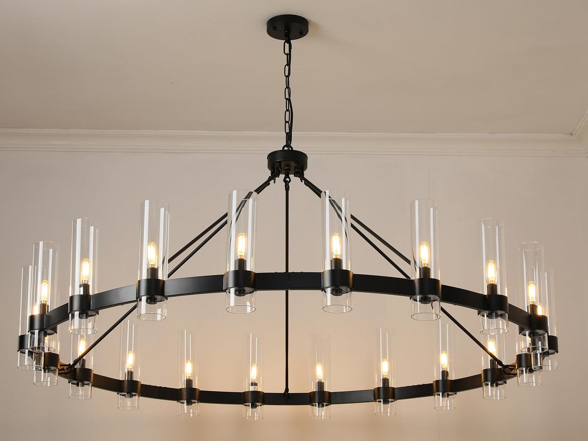 20-Lights Black Chandelier,Wagon Wheel Chandelier with Glass Shade, 60 Inch Large Round Industrial High Ceilings Pendant Lighting Fixture for Dining Living Room, Kitchen Island, Foyer