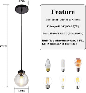 Black Pendant Lights Kitchen Island, Modern Globe Clear Glass Hanging Pendant Light