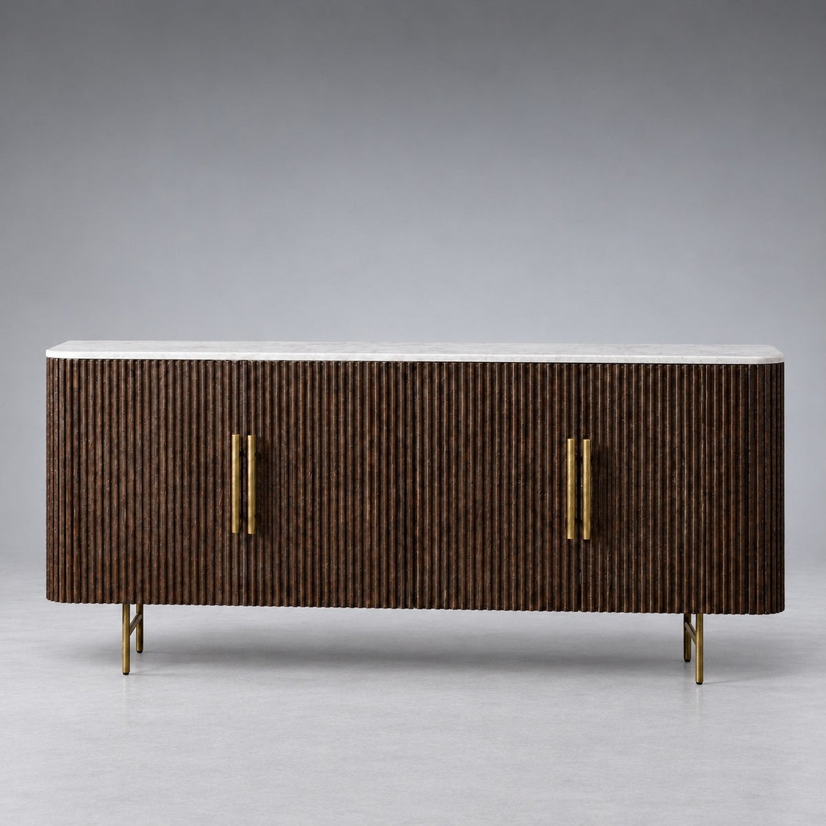 Reeded Wood Credenza With Marble Or Bluestone Top