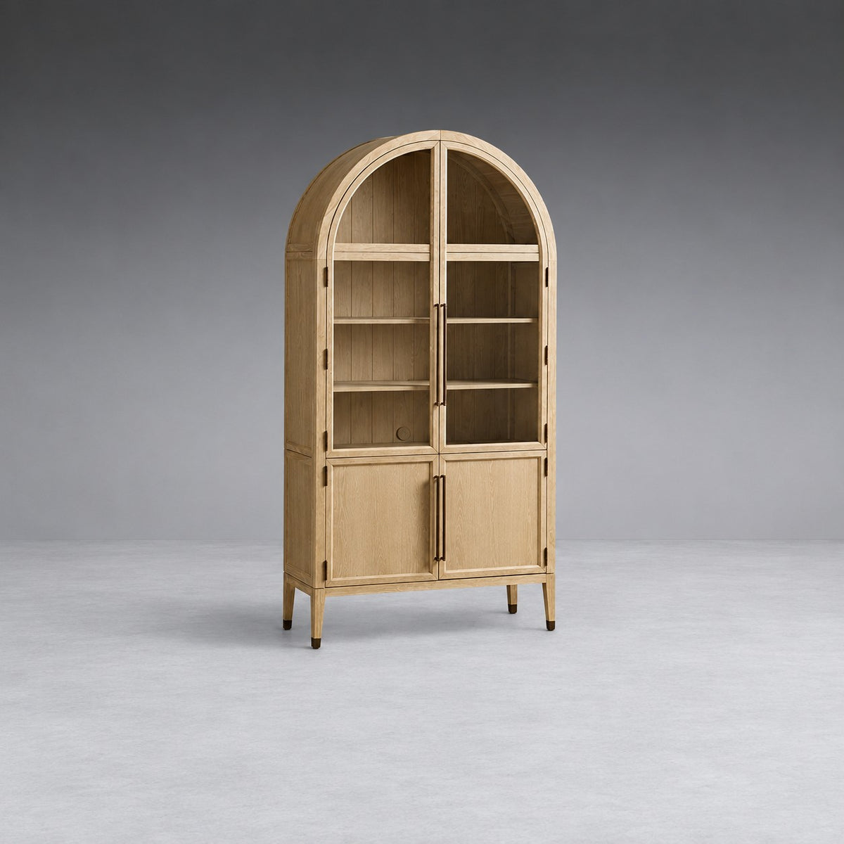 Tall Oak Display Cabinet with Glass Doors