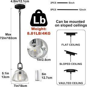 7" Black Glass Modern Pendant Light with Adjustable Height and Included E12 Bulb