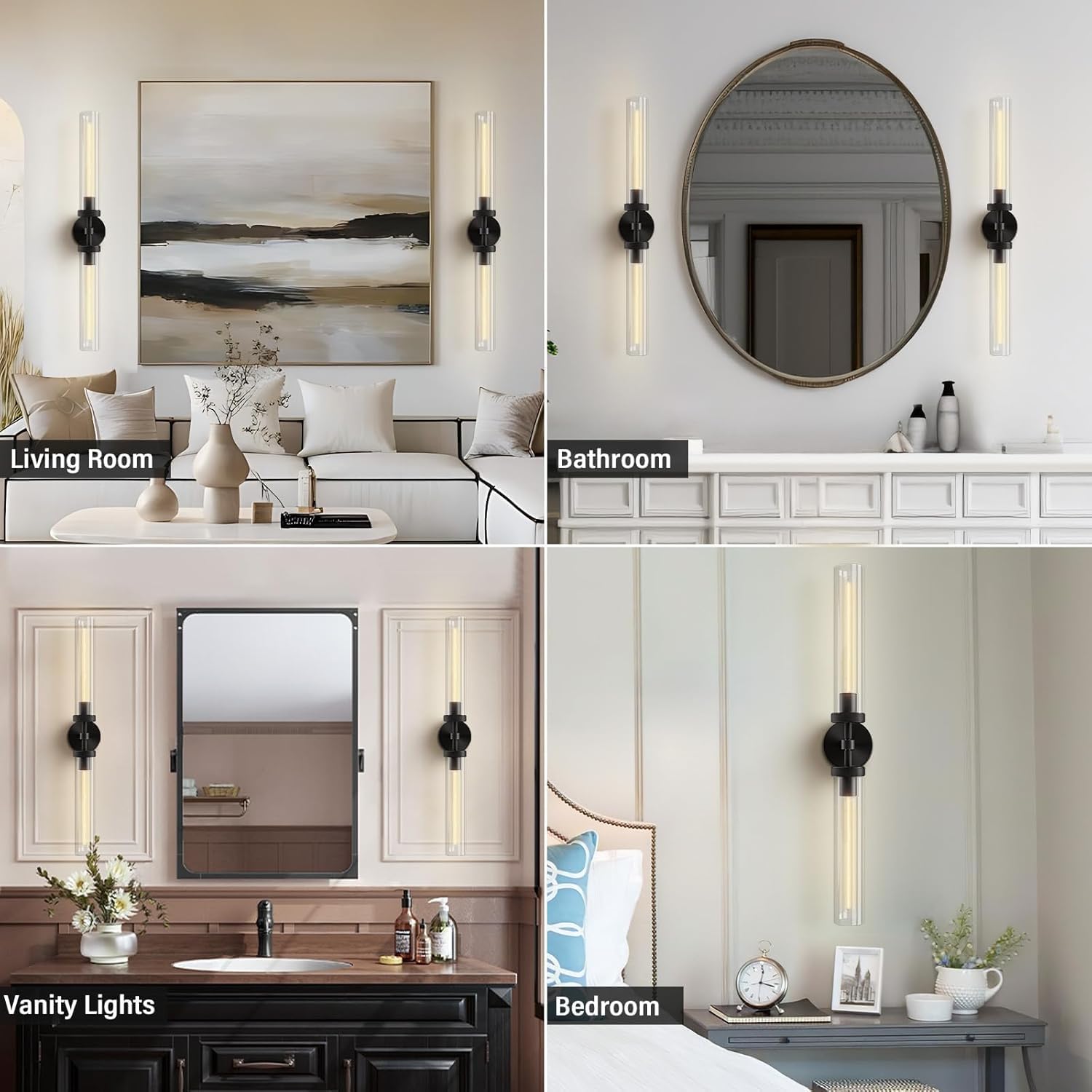 RINGRAIN Black Brass Glass Double Wall Sconce Set 30" Knurled