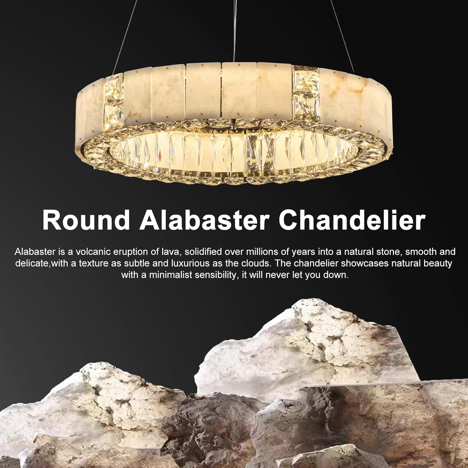 Natural Alabaster Chandeliers, D23 Round Crystal Chandeliers for Dining Room