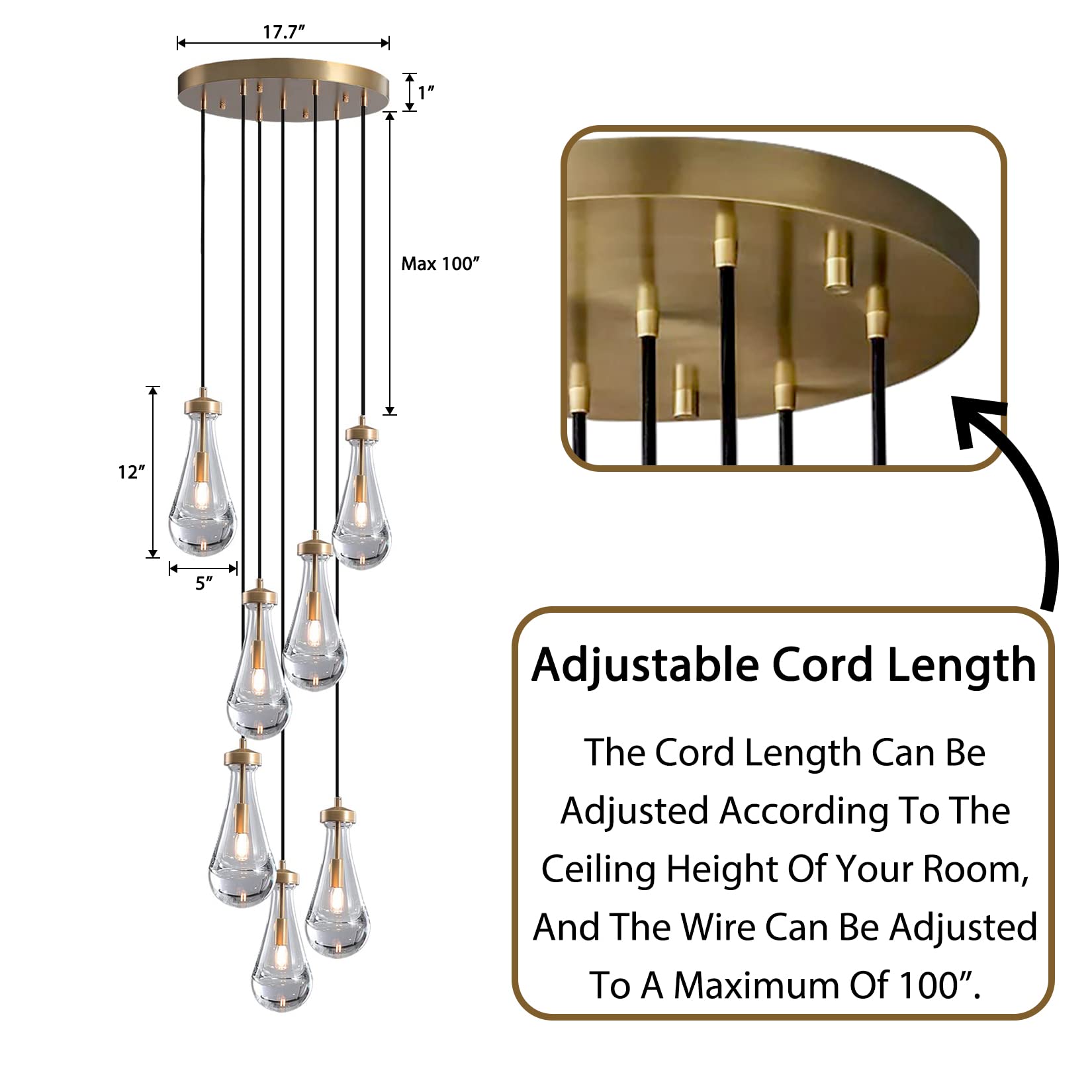 H100'' High Ceiling Chandelier for Entryway,Modern Raindrop Chandeliers for Living Room,Brass 7 Light Adjustable Rope Teardrop Pendant Lights Kitchen Island for Hallway/Staircase
