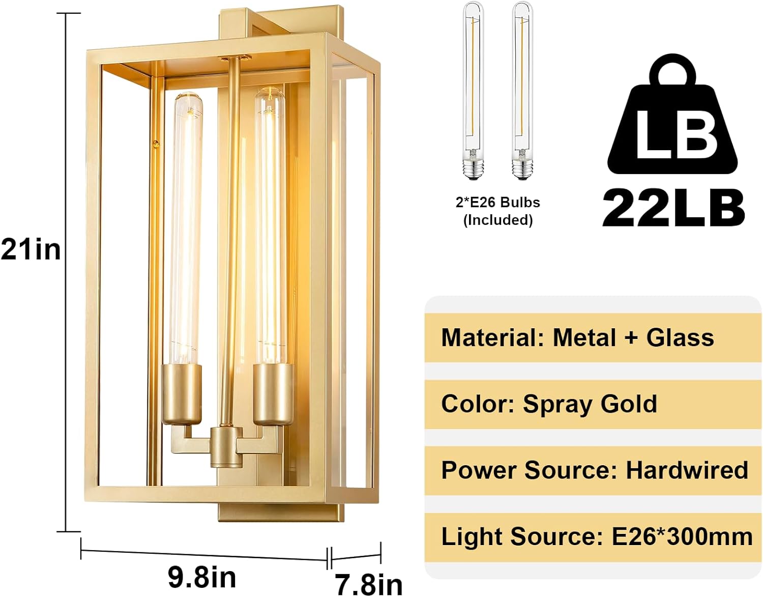 21" Gold Outdoor Wall Sconce with Glass Shade, Waterproof