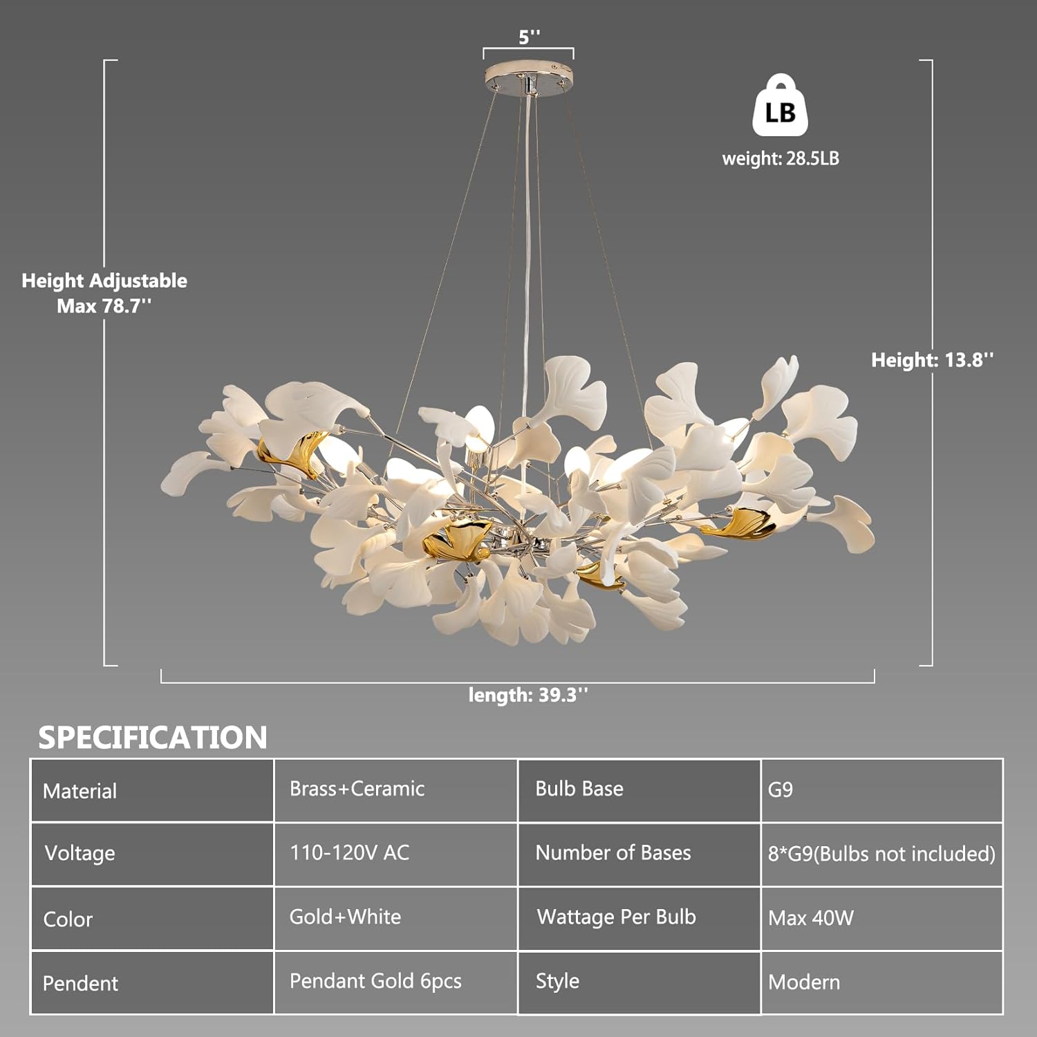 Silver Ceramic Ginkgo Leaf Tree Branch Chandelier – 40" Round Luxury Fixture