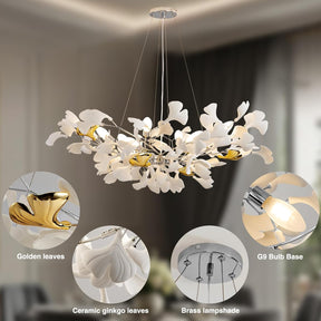 Silver Ceramic Ginkgo Leaf Tree Branch Chandelier – 40" Round Luxury Fixture