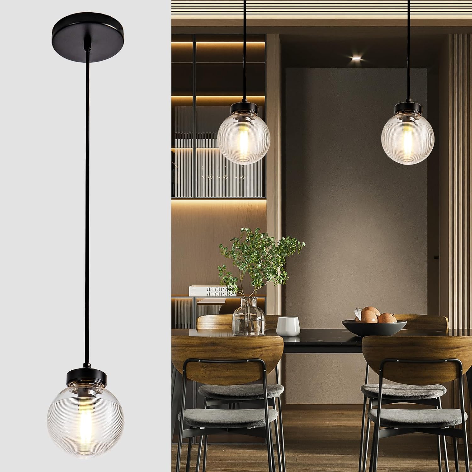 Black Pendant Lights Kitchen Island, Modern Globe Clear Glass Hanging Pendant Light