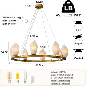 Alabaster 31.5" 8-Light Round Gold Chandelier with Adjustable Height