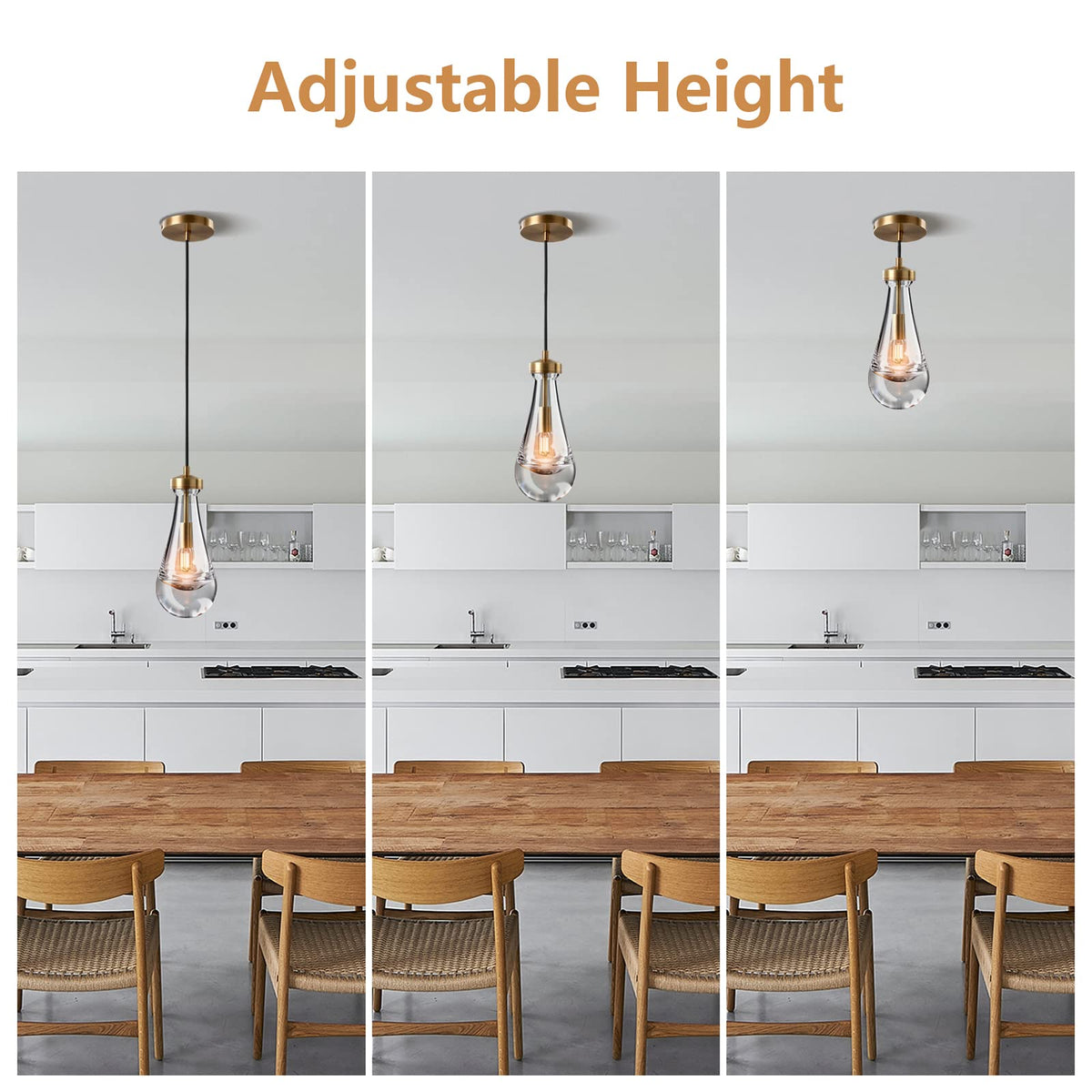 Modern Brass Pendant Light, Riandrop Hanging Light Fixtures, Pendant Lighting for Kitchen Island , Indoor Crystal Ceiling Light Fixtures with Clear Solid Crystal Raindrop for Living Room Hallway