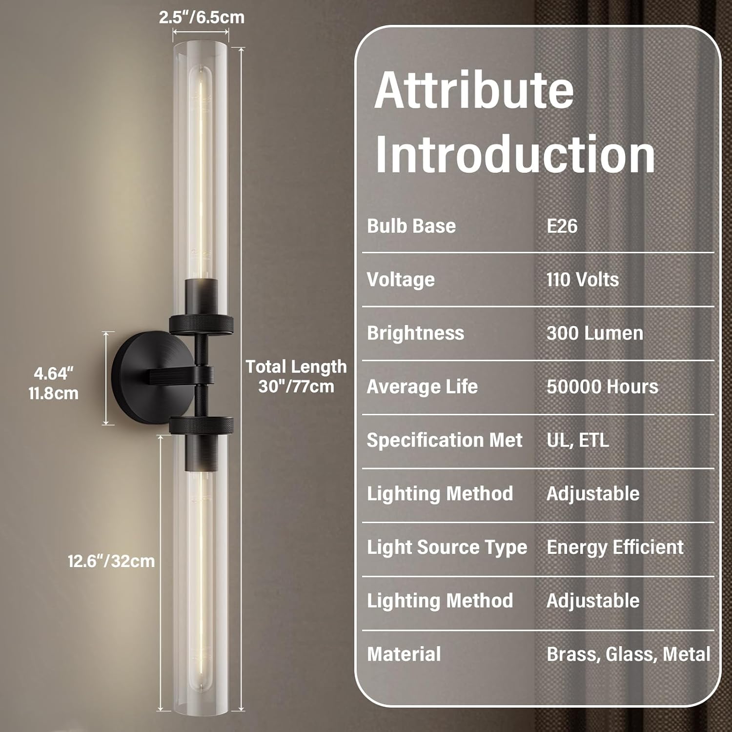 RINGRAIN Black Brass Glass Double Wall Sconce Set 30" Knurled