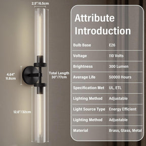 RINGRAIN Black Brass Glass Double Wall Sconce Set 30" Knurled