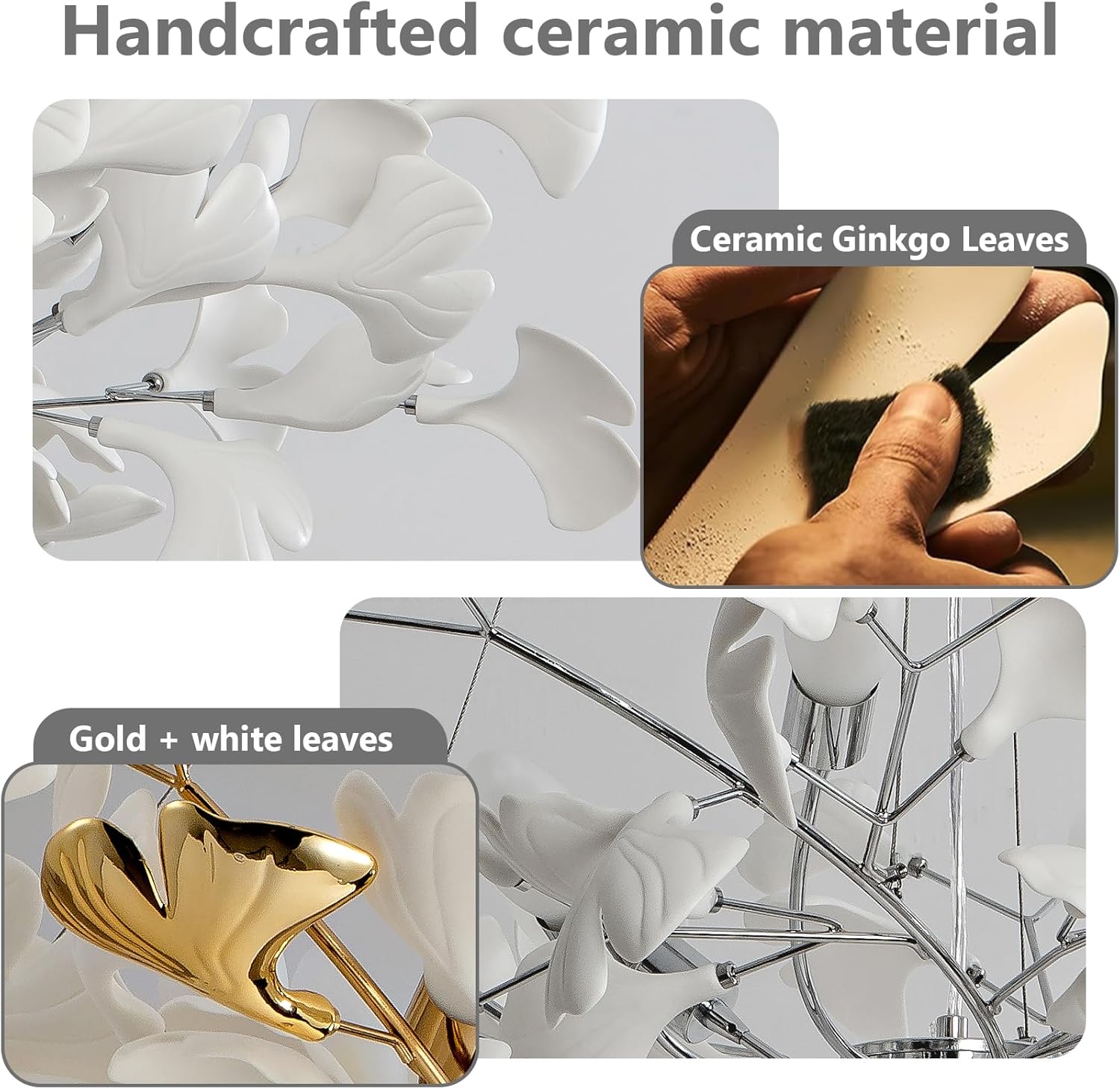 Silver Ceramic Ginkgo Leaf Branch Chandelier – 47.2" Brass Rectangle