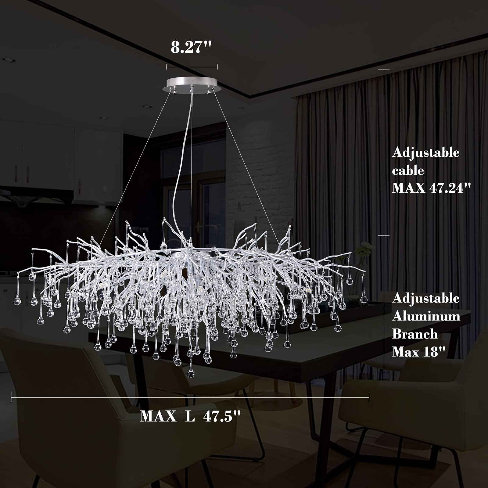 Modern Rectangle Chandelier, Forest Tree Branch Large Ceiling Light Fixture Pendant Silver Frosted Raindrop Long High Ceiling Kitchen Island Lighting for Dining Room, Foyer (L47.5 Rectangle)