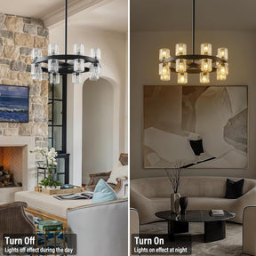 Black Wagon Wheel Chandelier 18" Modern Farmhouse 16‑Light K9 Fixture