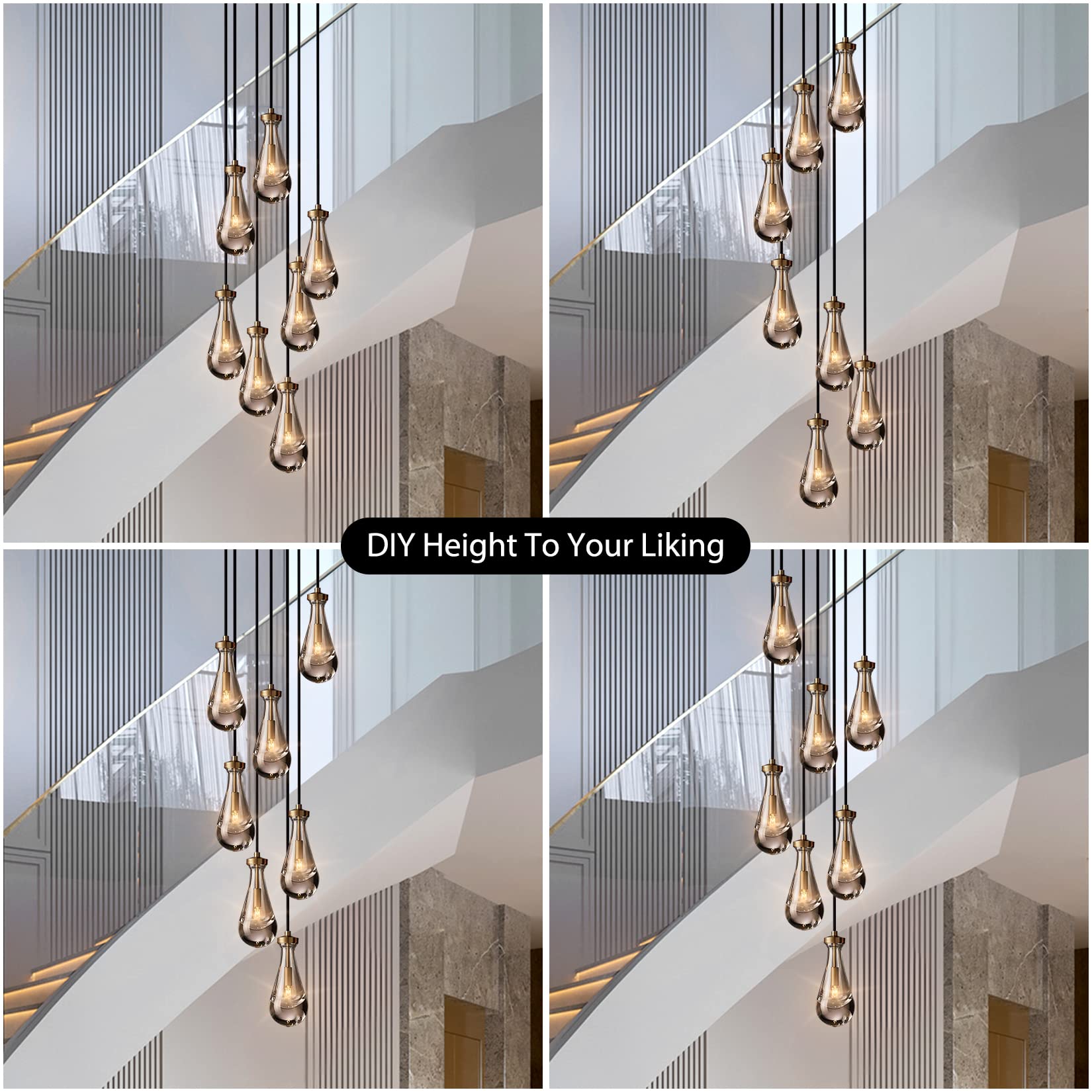 H100'' High Ceiling Chandelier for Entryway,Modern Raindrop Chandeliers for Living Room,Brass 7 Light Adjustable Rope Teardrop Pendant Lights Kitchen Island for Hallway/Staircase