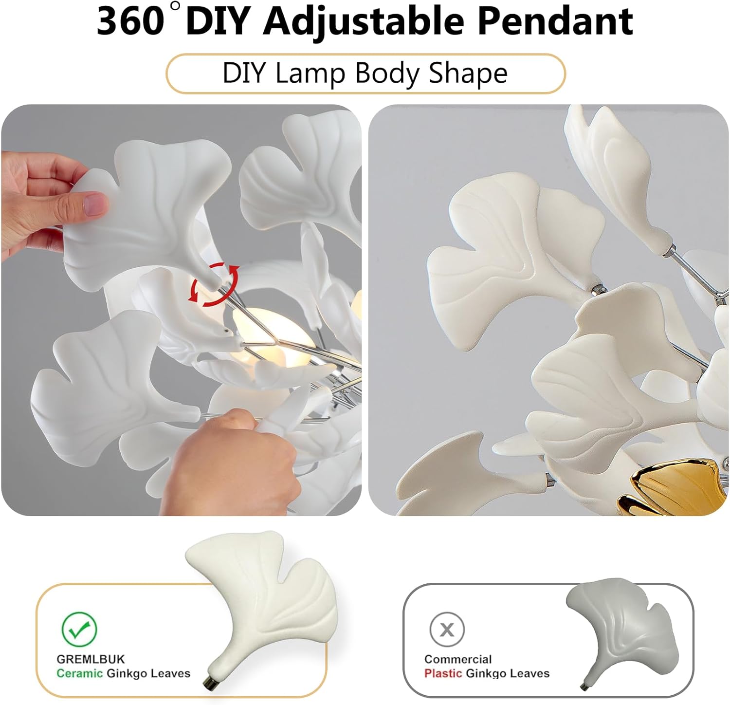 Silver Ceramic Ginkgo Leaf Tree Branch Chandelier – 40" Round Luxury Fixture