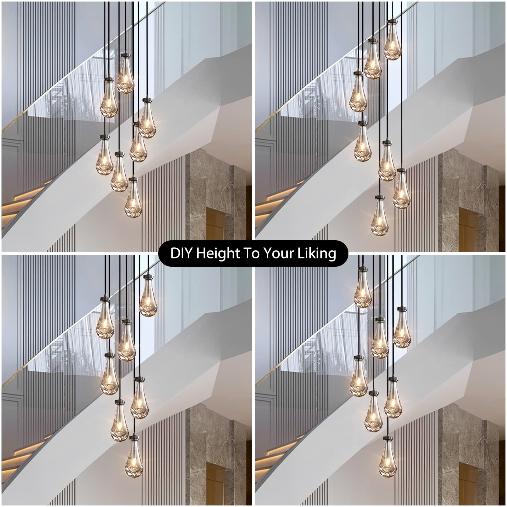 H100'' High Ceiling Chandelier for Entryway,Modern Raindrop Chandeliers for Living Room,Black 7 Light Adjustable Rope Teardrop Pendant Lights Kitchen Island for Hallway/Staircase