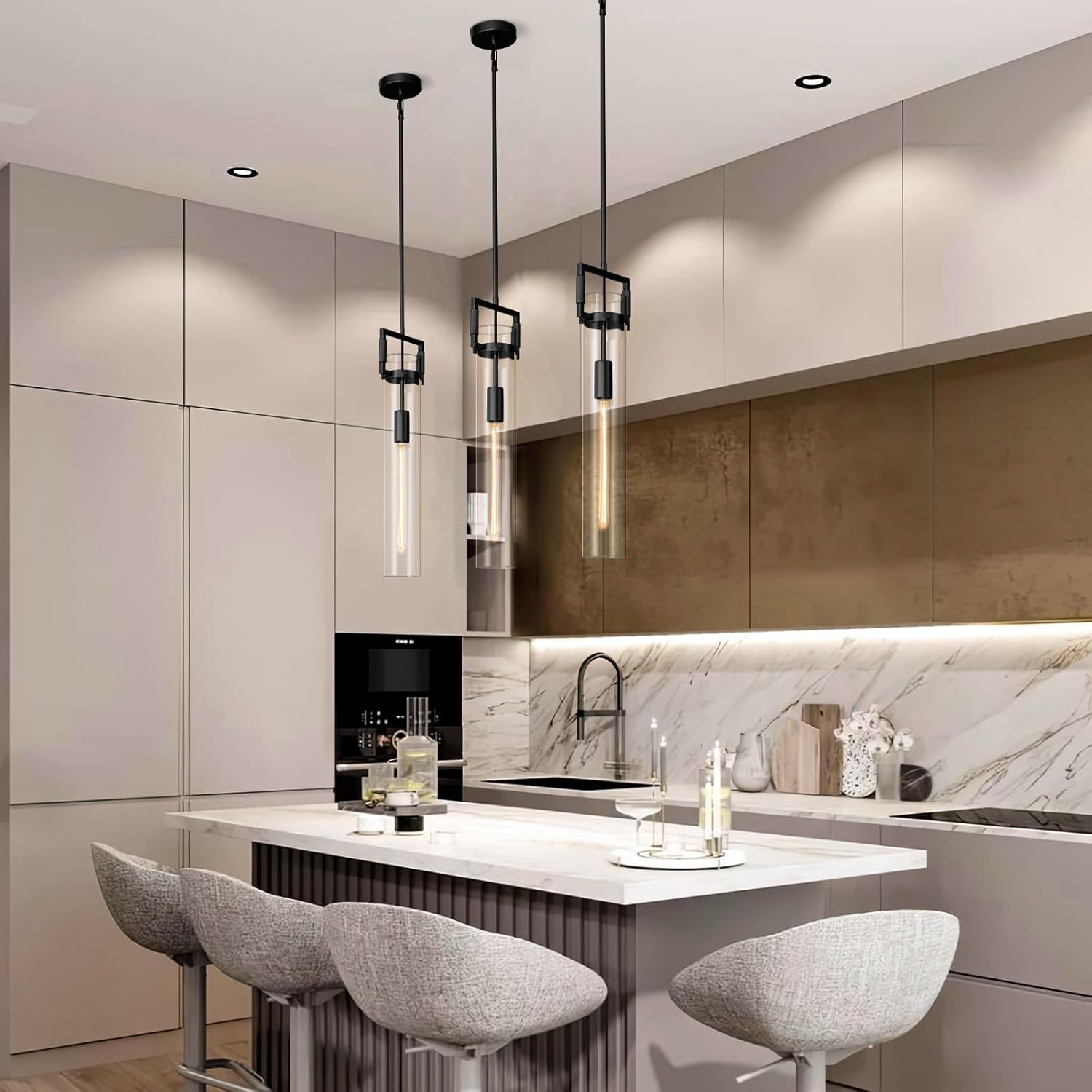 Modern Large Black Pendant Light Fixture Set of 2-21.6 Inch Adjustable Hanging Chandelier with Glass Shade & Brass Finish, Farmhouse Island Lighting for Kitchen, Dining Room, Bathroom