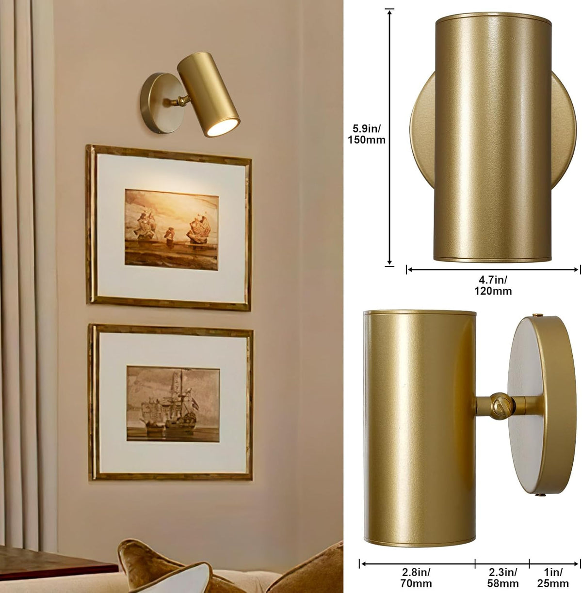 Gold Brass Picture Light Sconce with Adjustable LED, Wall Mount