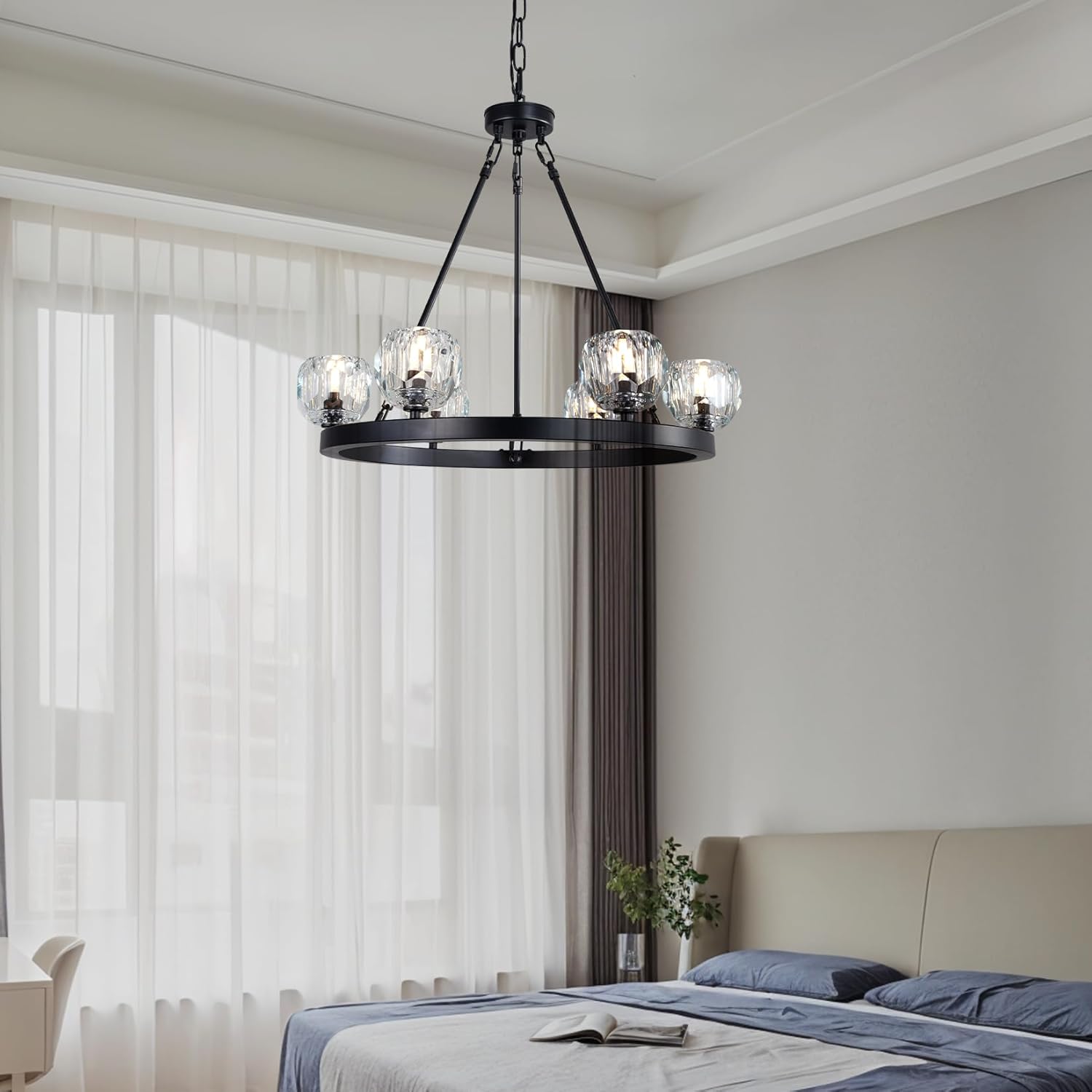 YUYI Black Wagon Wheel Crystal Chandelier 23-Inch 6-Light Farmhouse