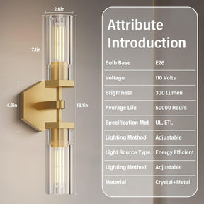 Crystal Wall Sconces Set of Two, 18" Dual-Lights Brass Sconces Wall Lighting