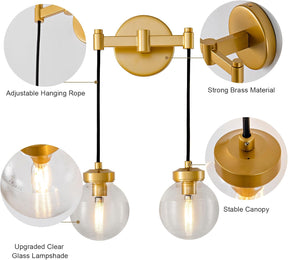 2-Light Brass Wall Sconces,Gold Globe Wall Sconce Light