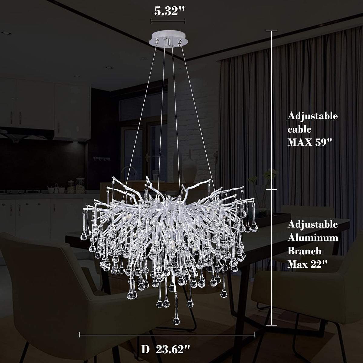 Modern Raindrop Chandelier, Silver Ceiling Pendant Flower Hanging Lighting Frosted Tree Branch Crystal Chandelier Light Fixture for Bedroom, Living Room, Dining Room, Foyer (Dia 23.5" Round)