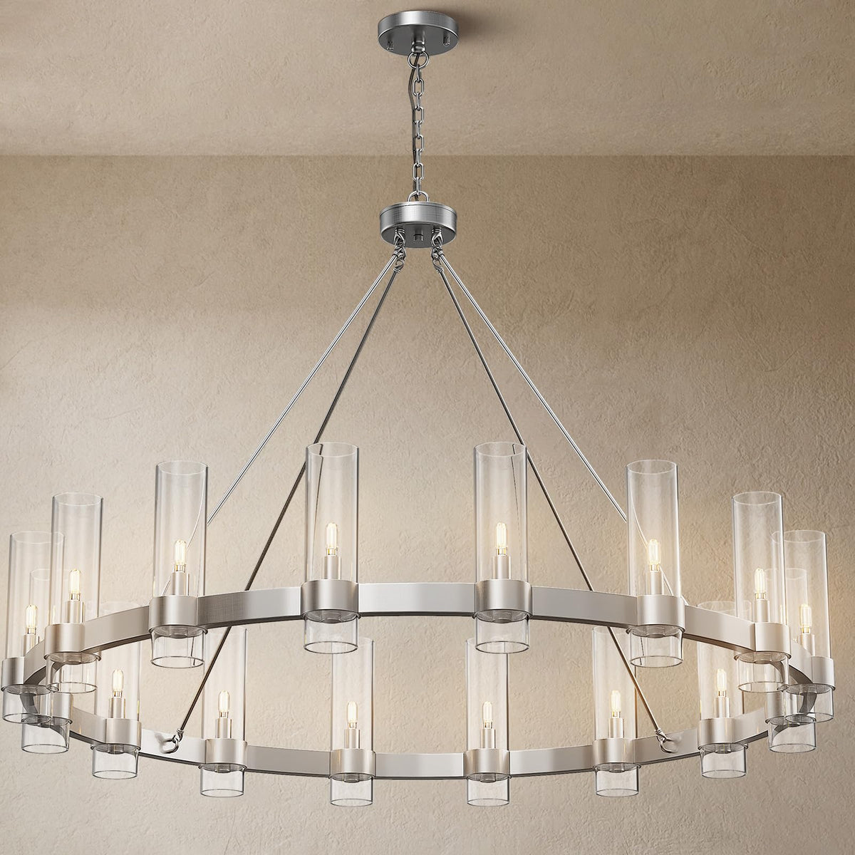 16-Lights Modern Chandelier,Wagon Wheel Chandelier with Glass Shade, Nickel48 Inch Large Round Industrial High Ceilings Pendant Lighting Fixture for Dining Living Room, Kitchen Island, Foyer