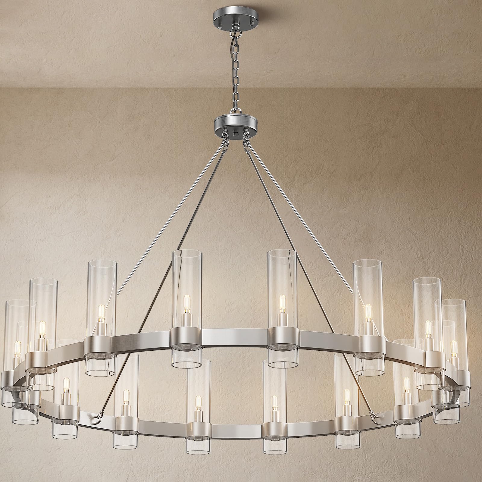 16-Lights Modern Chandelier,Wagon Wheel Chandelier with Glass Shade, Nickel48 Inch Large Round Industrial High Ceilings Pendant Lighting Fixture for Dining Living Room, Kitchen Island, Foyer