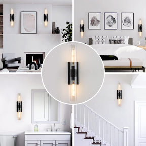 Modern Black sconces Wall Decor Set of 2, Bathroom Light with Clear Glass Shade, Indoor Vanity Light for Mirror, Living Room, Bedroom, Hallway, Fireplace, Staircase(Including Bulb)