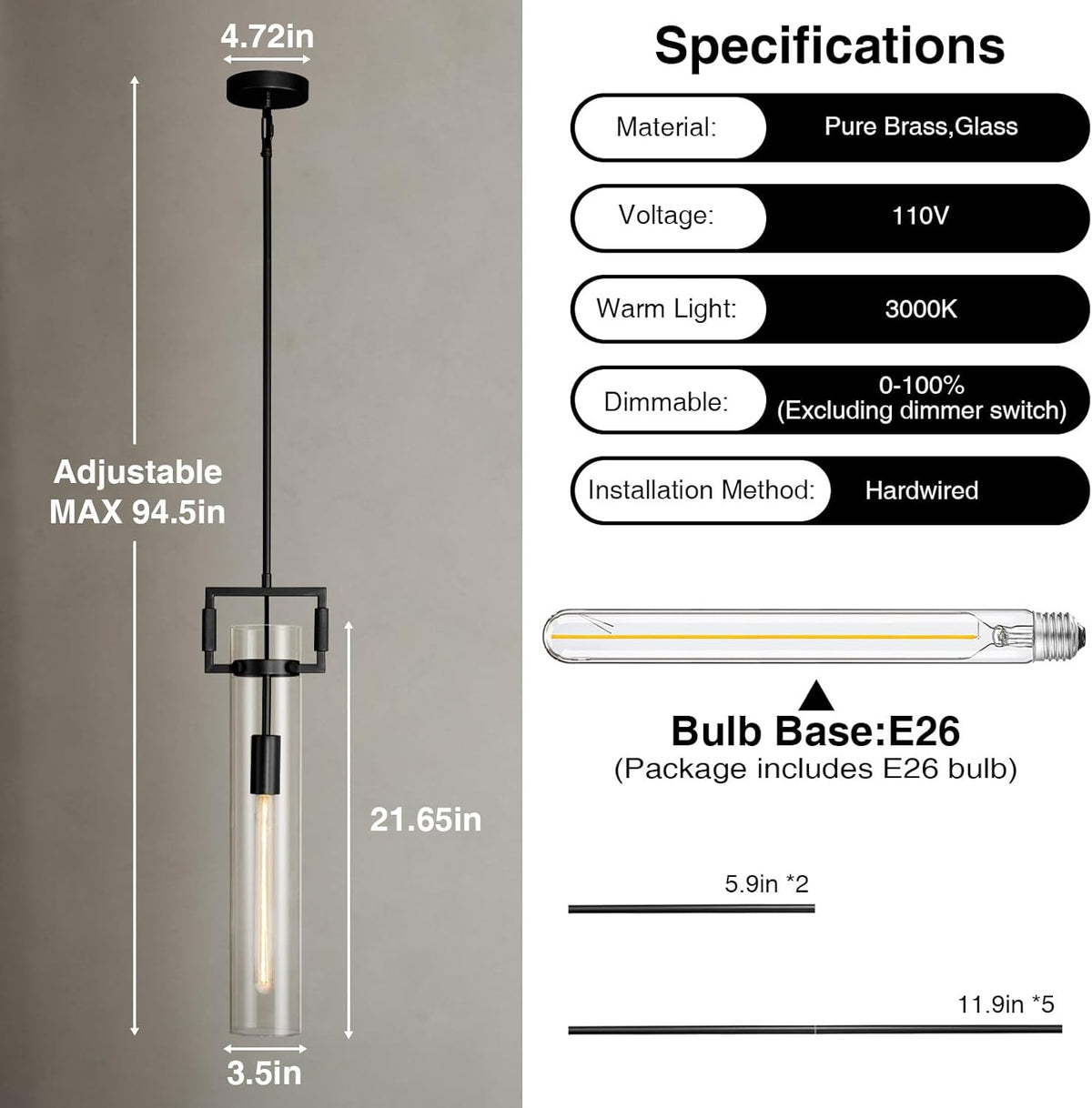 Modern Large Black Pendant Light Fixture Set of 2-21.6 Inch Adjustable Hanging Chandelier with Glass Shade & Brass Finish, Farmhouse Island Lighting for Kitchen, Dining Room, Bathroom