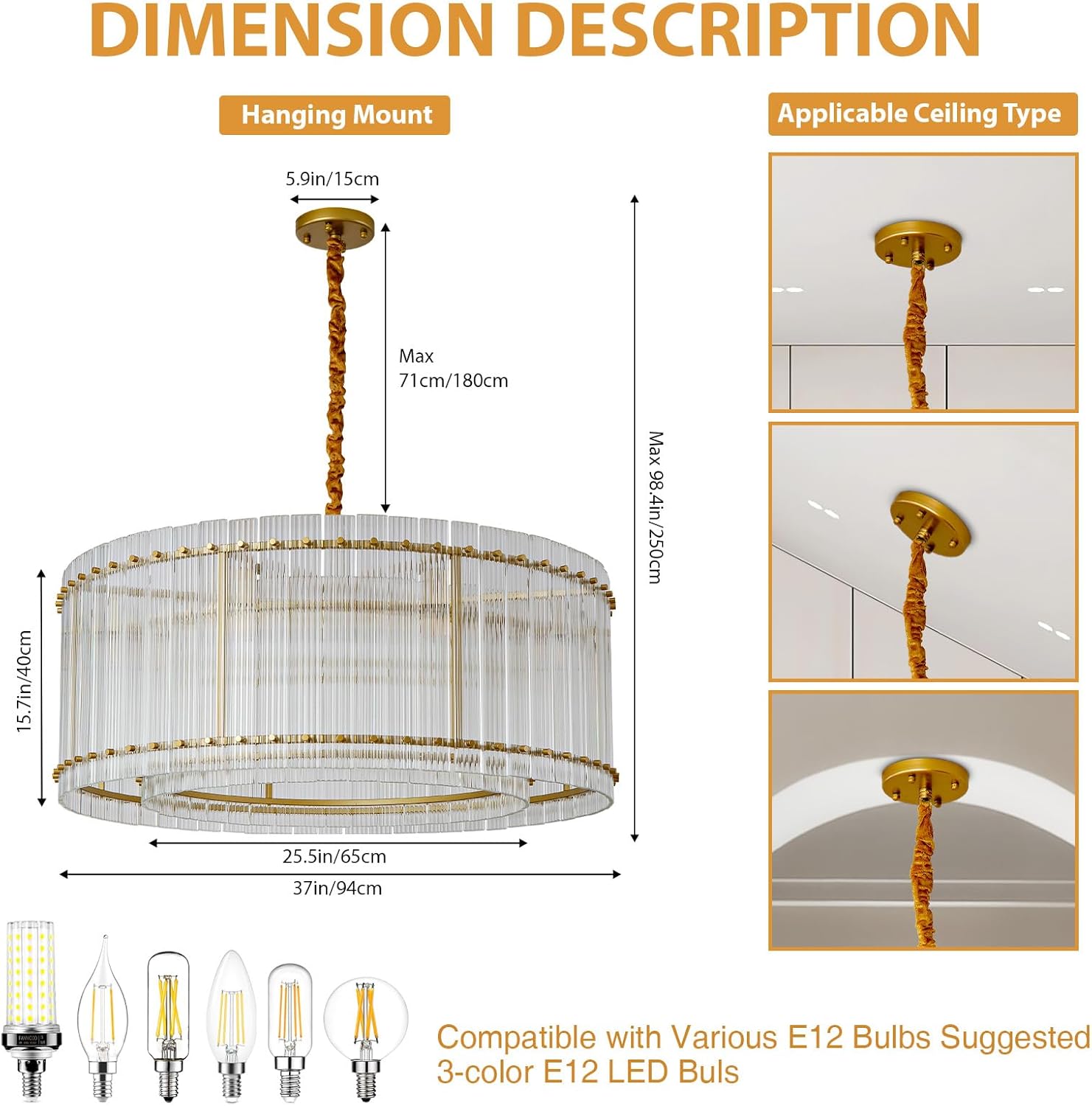 37'' Gold Chandelier Fixture, Doule Layer Drum Pendant Lighting