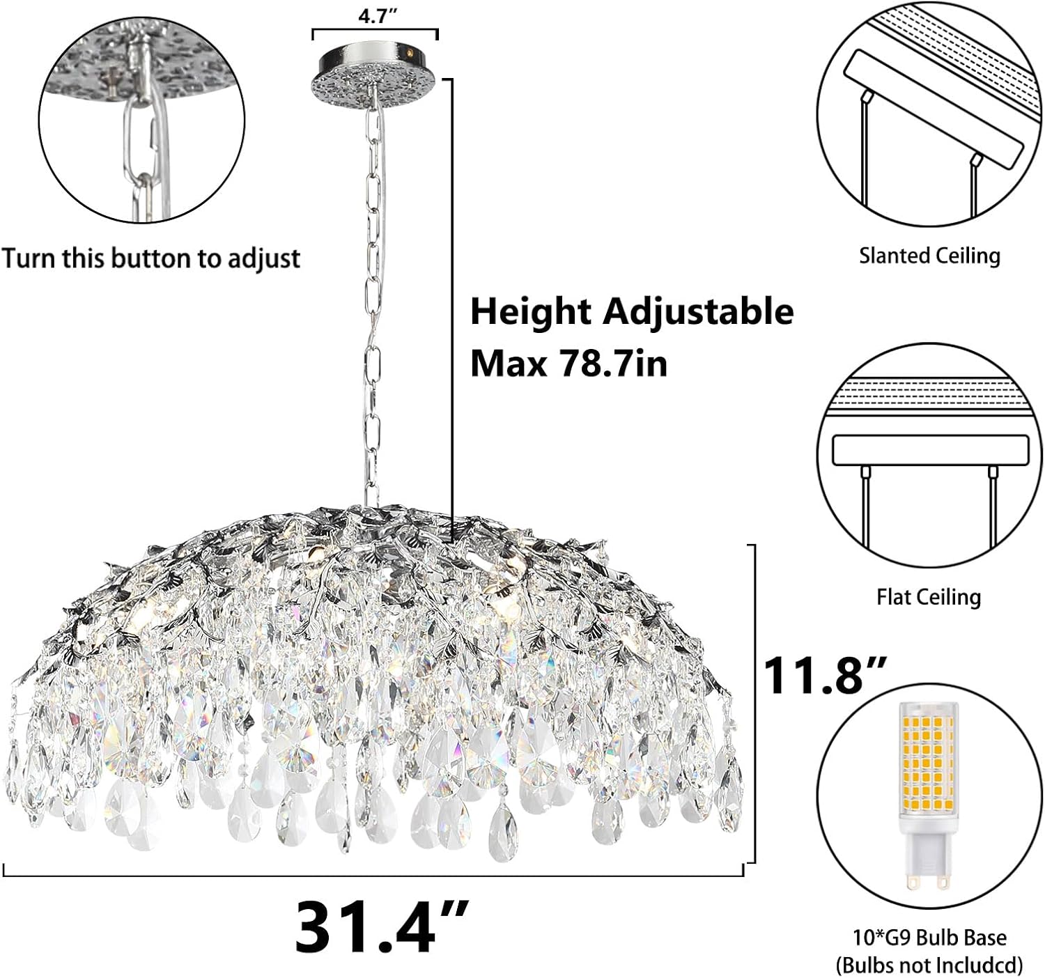 Modern Crystal Chandelier,Silver Ceiling Pendant Flower Hanging Lighting 31.5"