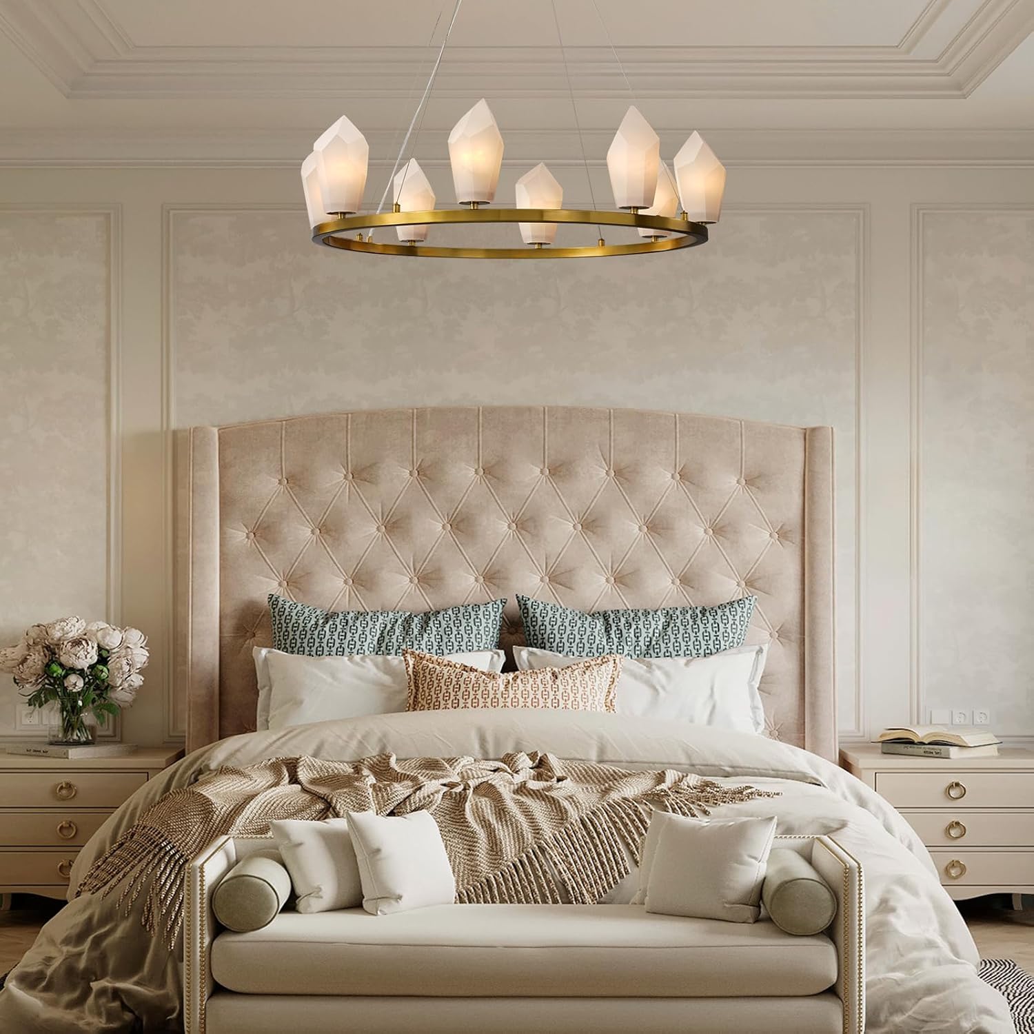 Alabaster 31.5" 8-Light Round Gold Chandelier with Adjustable Height