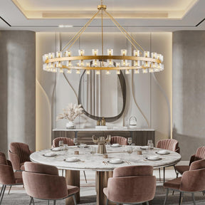 Gold Wagon Wheel Chandelier 60" Crystal Shade, 60 Lights, Farmhouse