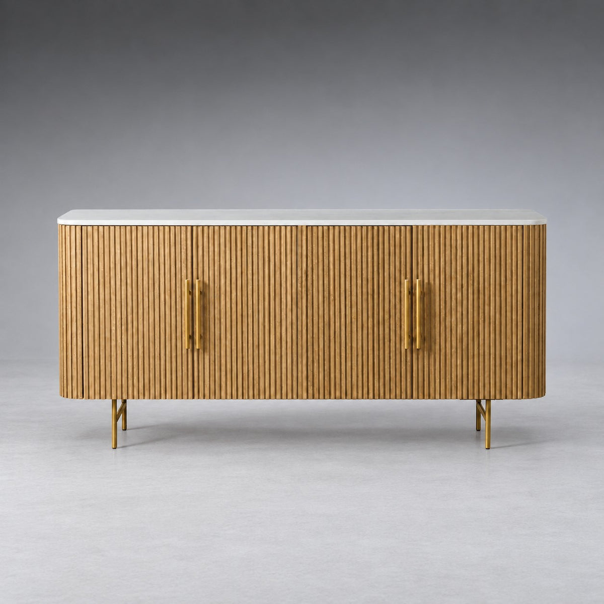 Reeded Wood Credenza With Marble Or Bluestone Top
