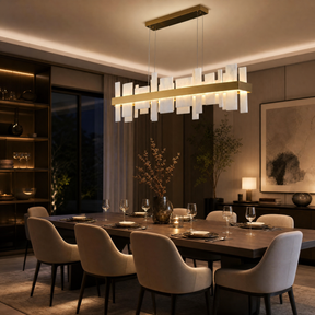 Linear Alabaster and Gold Stainless Steel Dining Chandelier