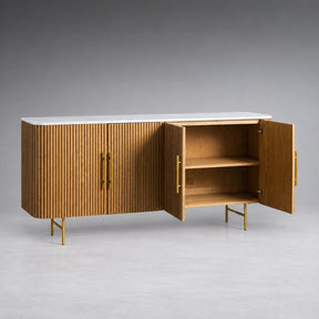 Reeded Wood Credenza With Marble Or Bluestone Top