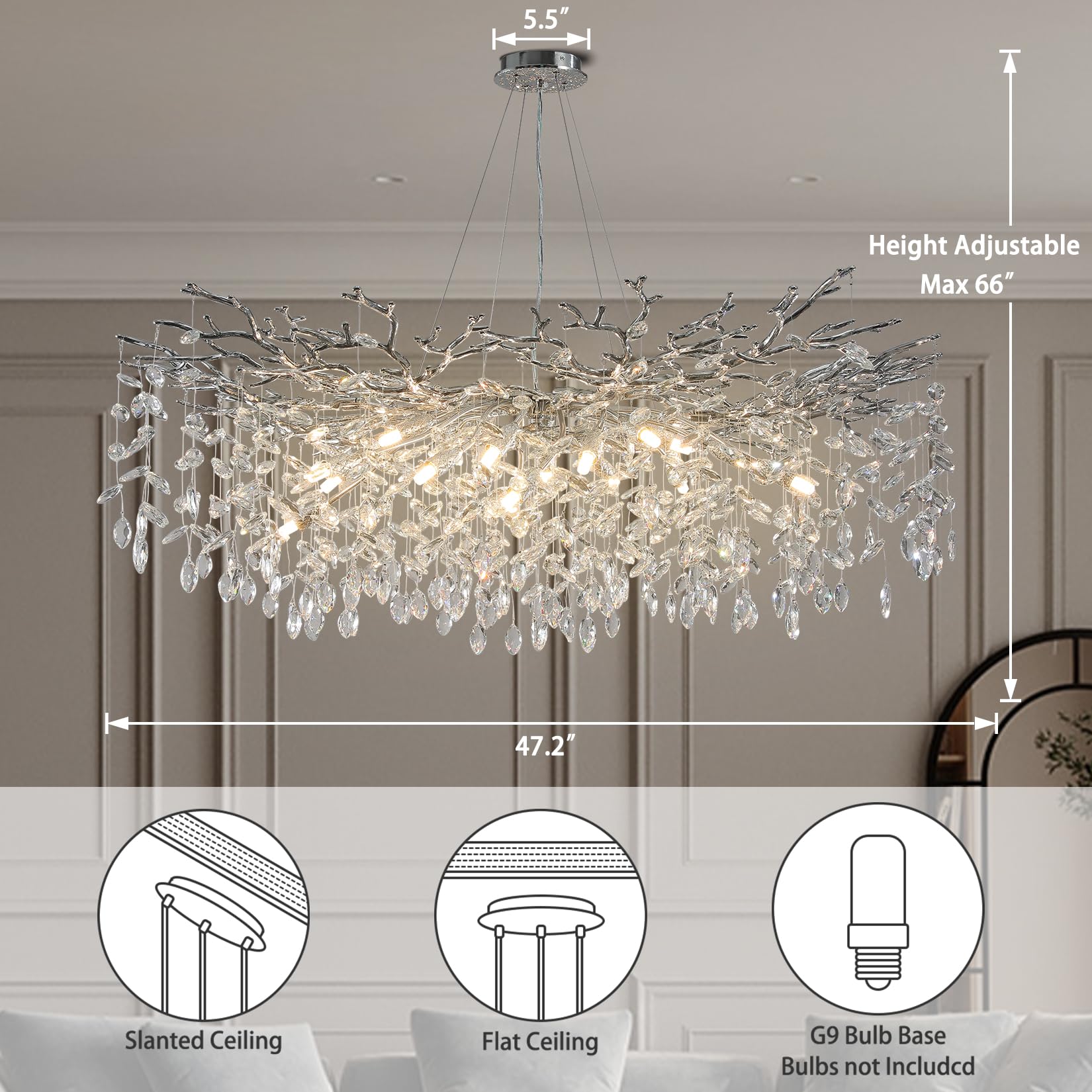 Modern Crystal Chandeliers for Dining Room,Silver Tree Branches Chandelier Lighting,Round Luxury Raindrop High Ceiling Chandelier Light Fixture Hanging Pendant Light Fixtures(47.2 inch)