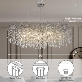 Modern Crystal Chandeliers for Dining Room,Silver Tree Branches Chandelier Lighting,Round Luxury Raindrop High Ceiling Chandelier Light Fixture Hanging Pendant Light Fixtures(47.2 inch)