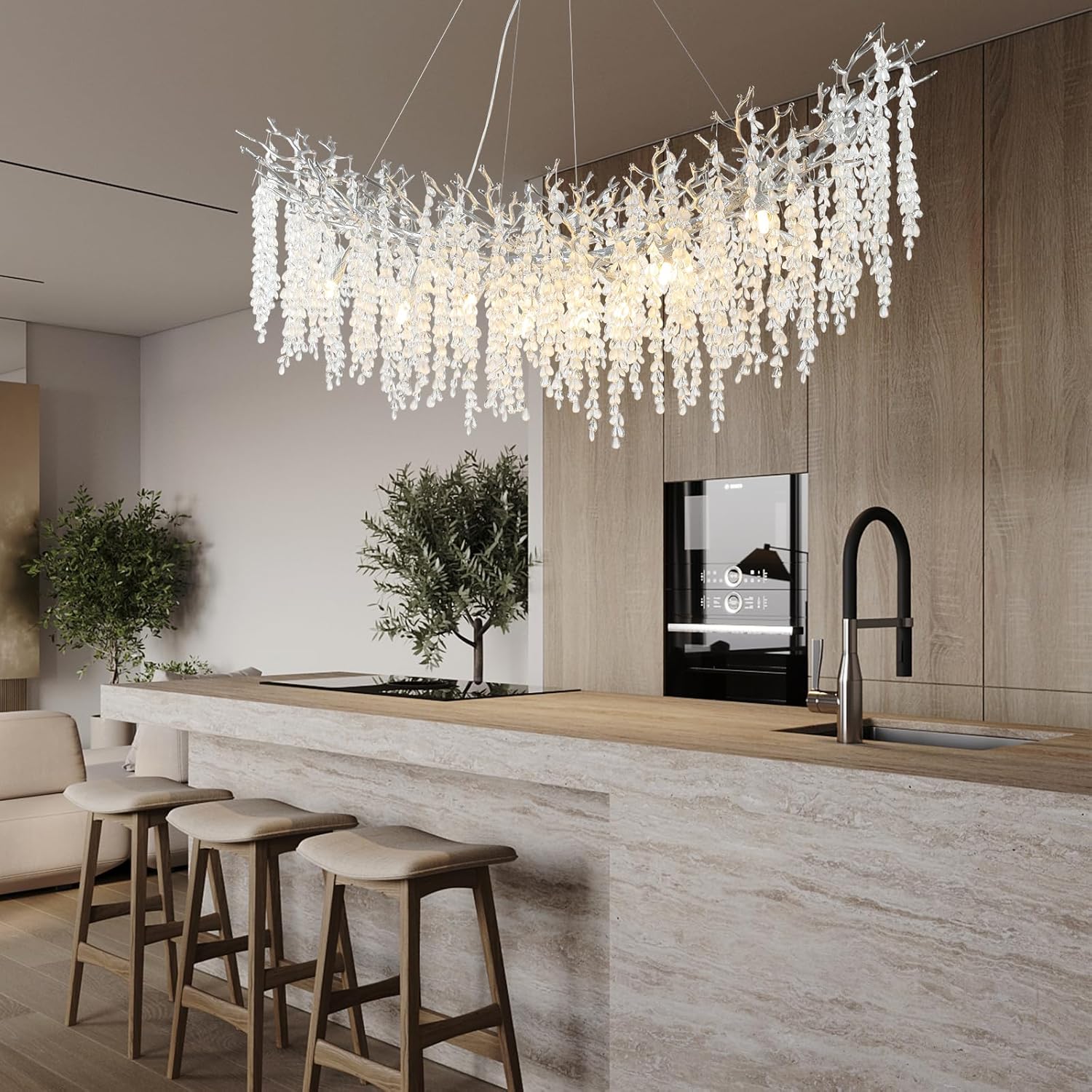 Rectangular Chandeliers for Dining Room, 63 in Silver Ceiling Pendant