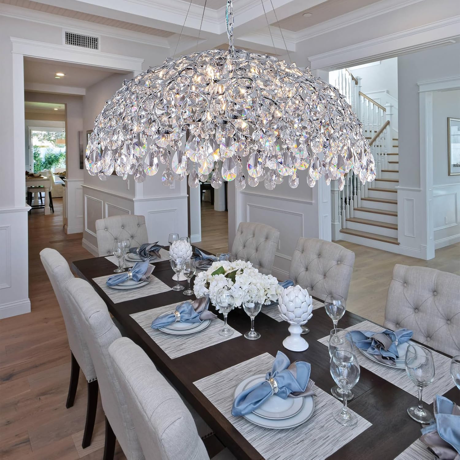 Modern Crystal Chandelier,Silver Ceiling Pendant Flower Hanging Lighting 39.4"