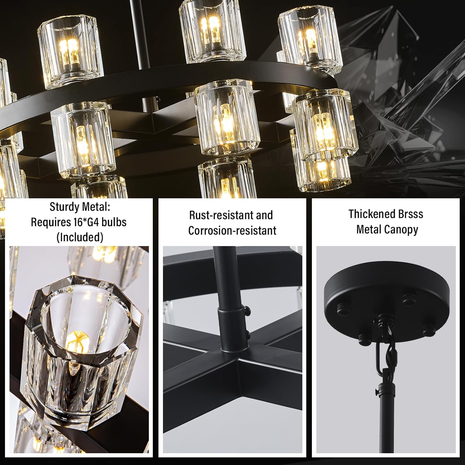 Black Wagon Wheel Chandelier 18" Modern Farmhouse 16‑Light K9 Fixture