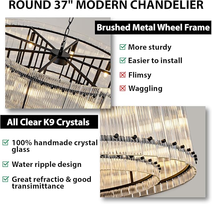 37'' Black Chandelier Fixture, Doule Layer Drum Pendant Lighting