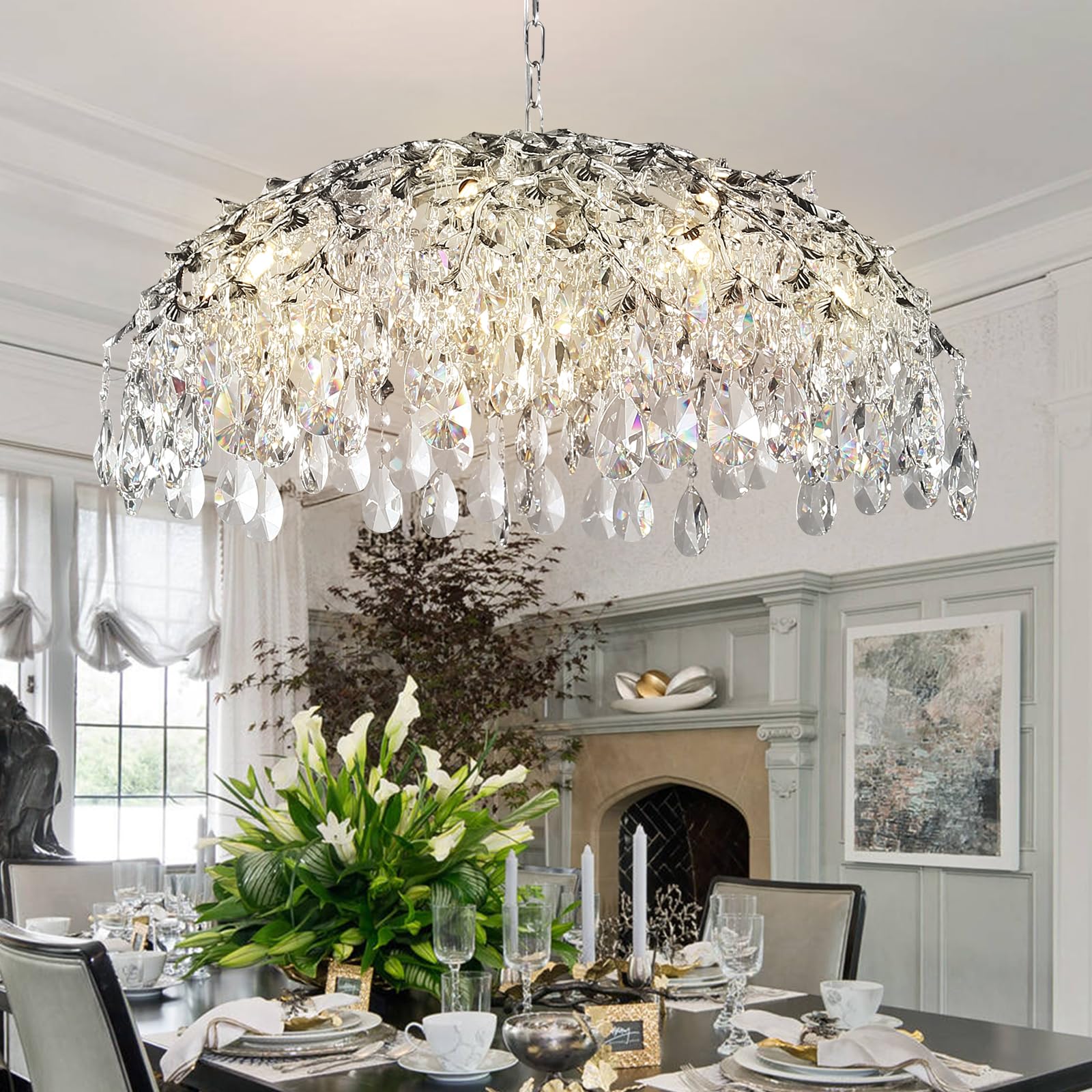 Modern Crystal Chandelier,Silver Ceiling Pendant Flower Hanging Lighting 31.5"