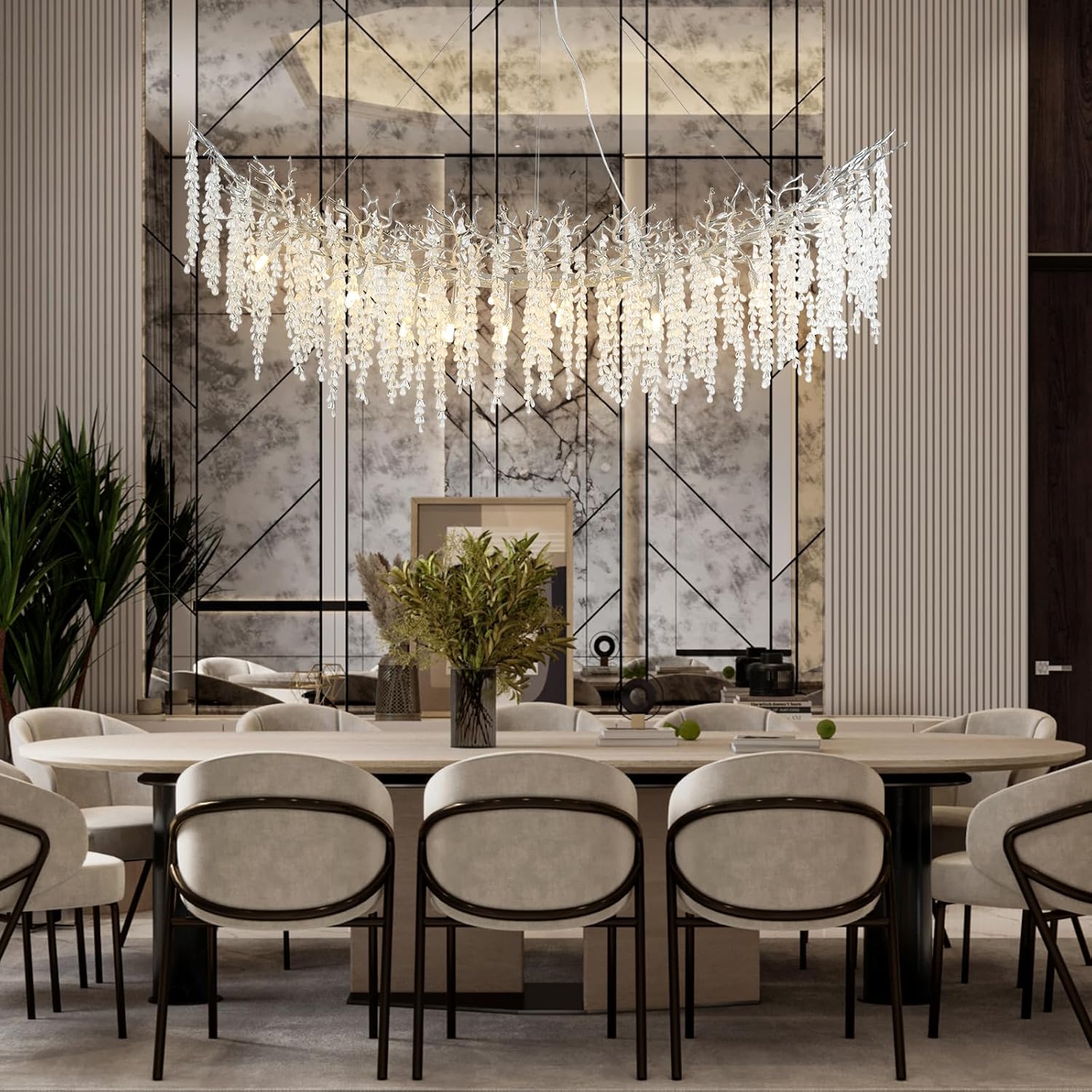 Rectangular Chandeliers for Dining Room, 63 in Silver Ceiling Pendant