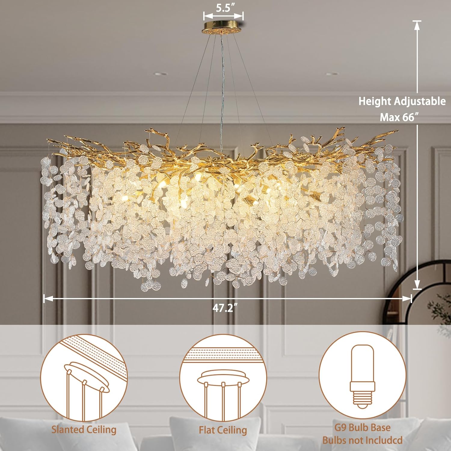 YUYI 47" Gold Tree Branch Modern Crystal Chandelier