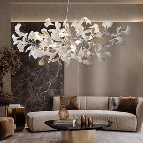 Silver Ginkgo Leaf Branch Chandelier – 59" Modern Brass Light